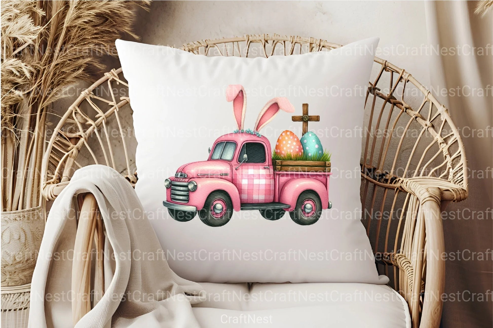 Pink Checkered Truck with Bunny Ears Clipart Bundle 1 - CraftNest - Digital Crafting and Art