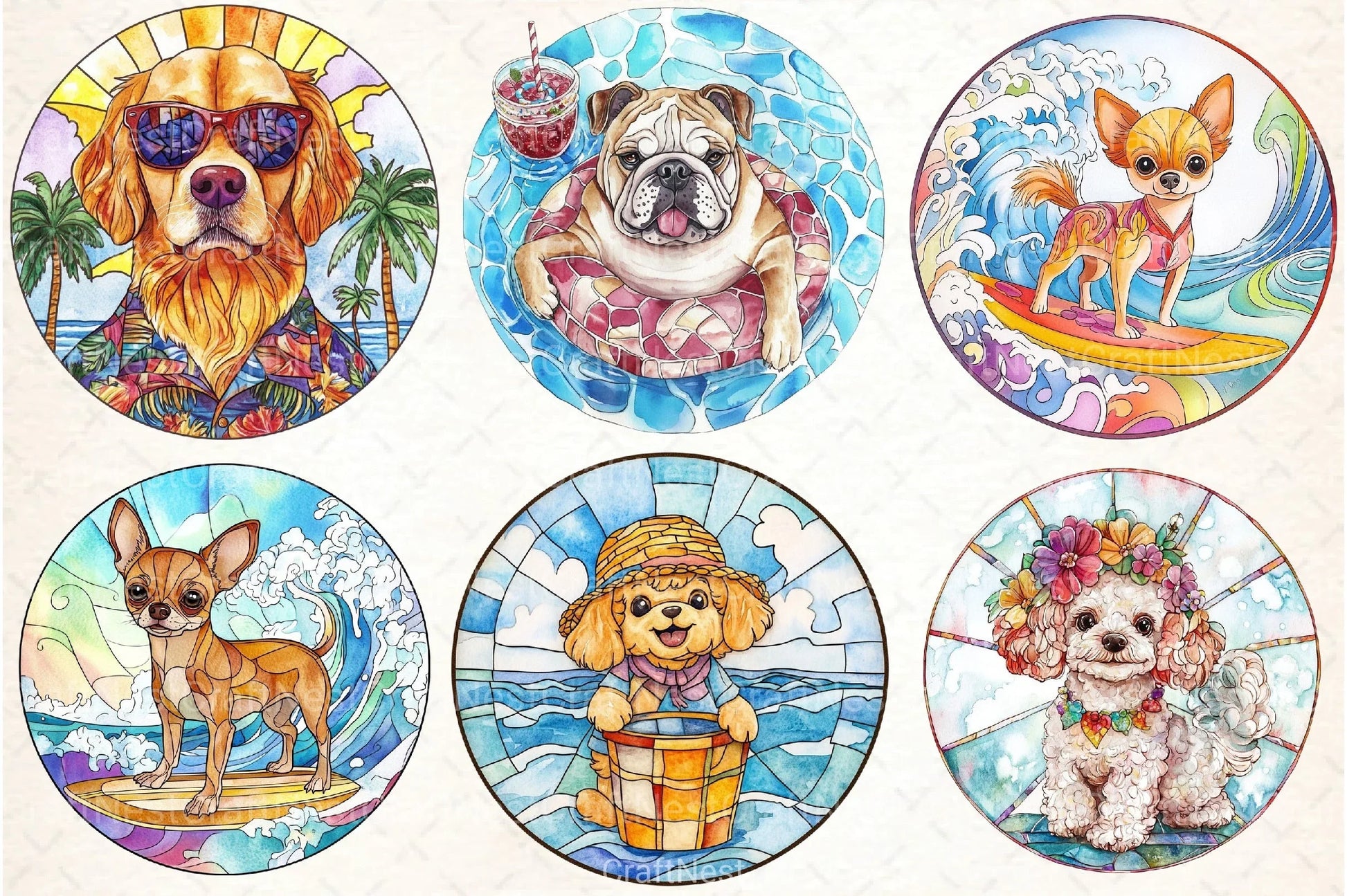Round Stained Glass Summer Dog Clipart Bundle - CraftNest - Digital Crafting and Art