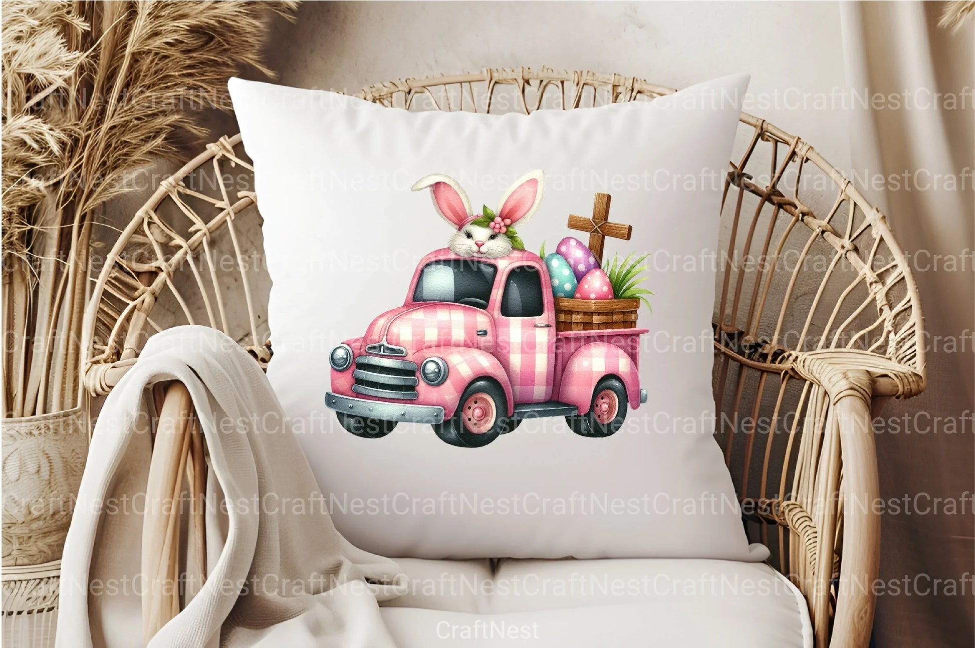 Pink Checkered Truck with Bunny Ears Clipart Bundle 2 - CraftNest - Digital Crafting and Art