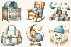 Dusty Blue Beige Baby Nursery Clipart Bundle - CraftNest - Digital Crafting and Art