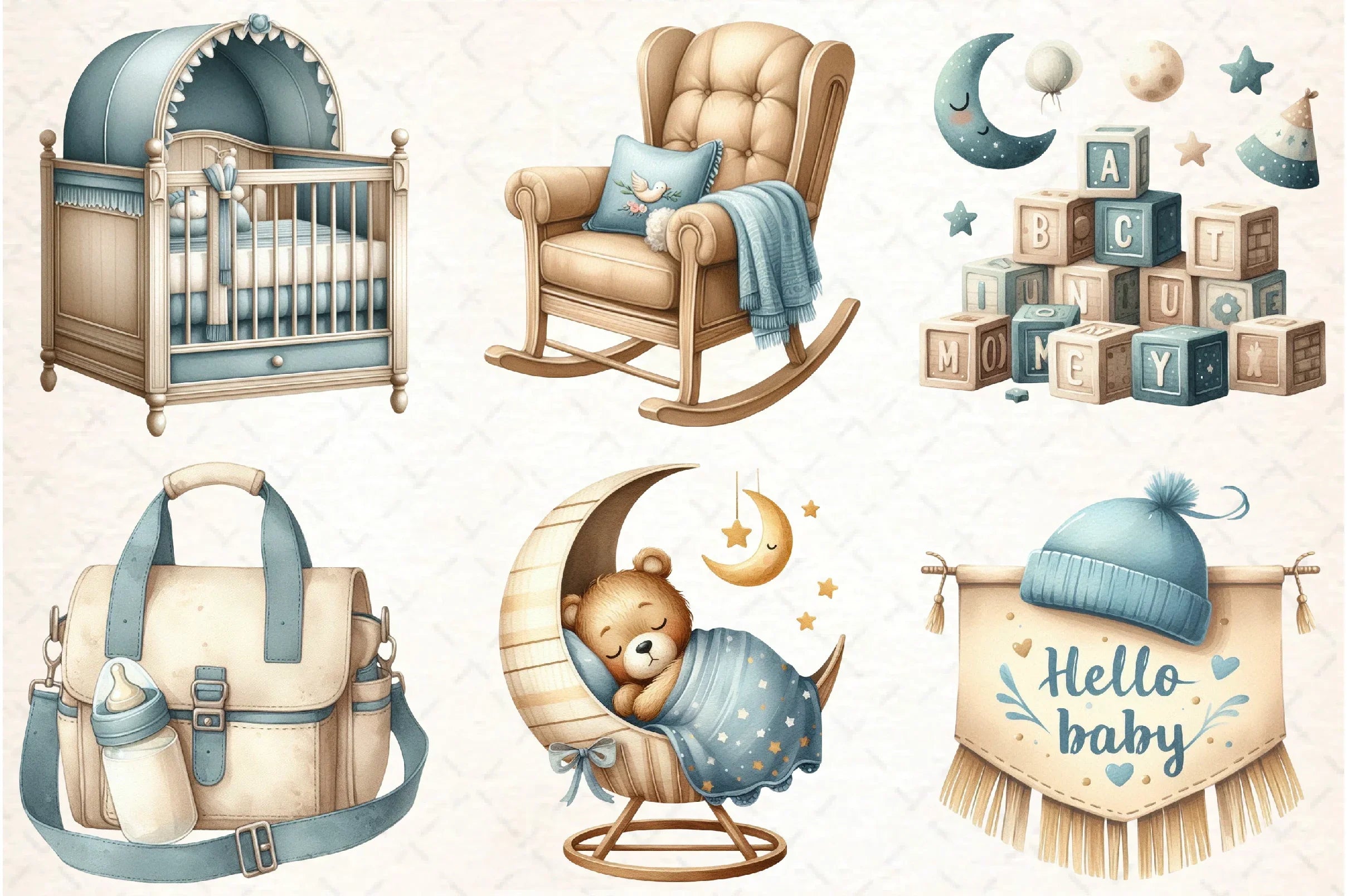Dusty Blue Beige Baby Nursery Clipart Bundle - CraftNest - Digital Crafting and Art