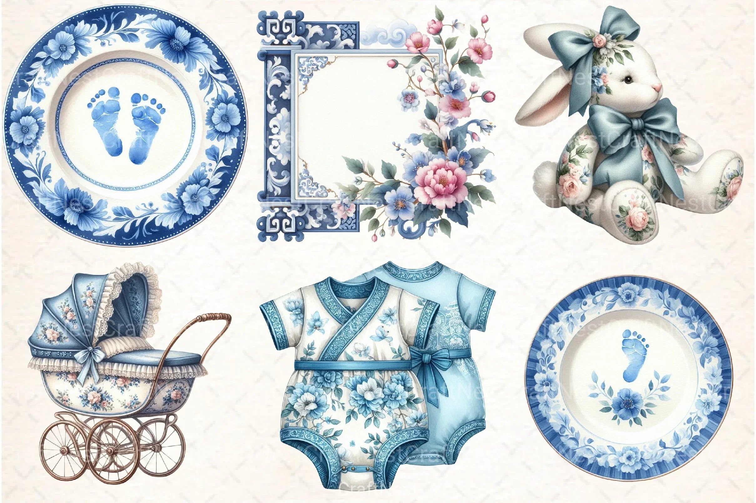 Blue Toile Baby Clipart Bundle - CraftNest - Digital Crafting and Art