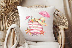 Pink Striped Beach Bag with Drinks Clipart Bundle 2 - CraftNest - Digital Crafting and Art