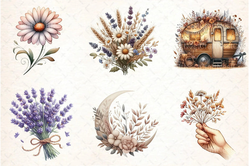 Boho Flower Art Design Clipart Bundle - CraftNest - Digital Crafting and Art