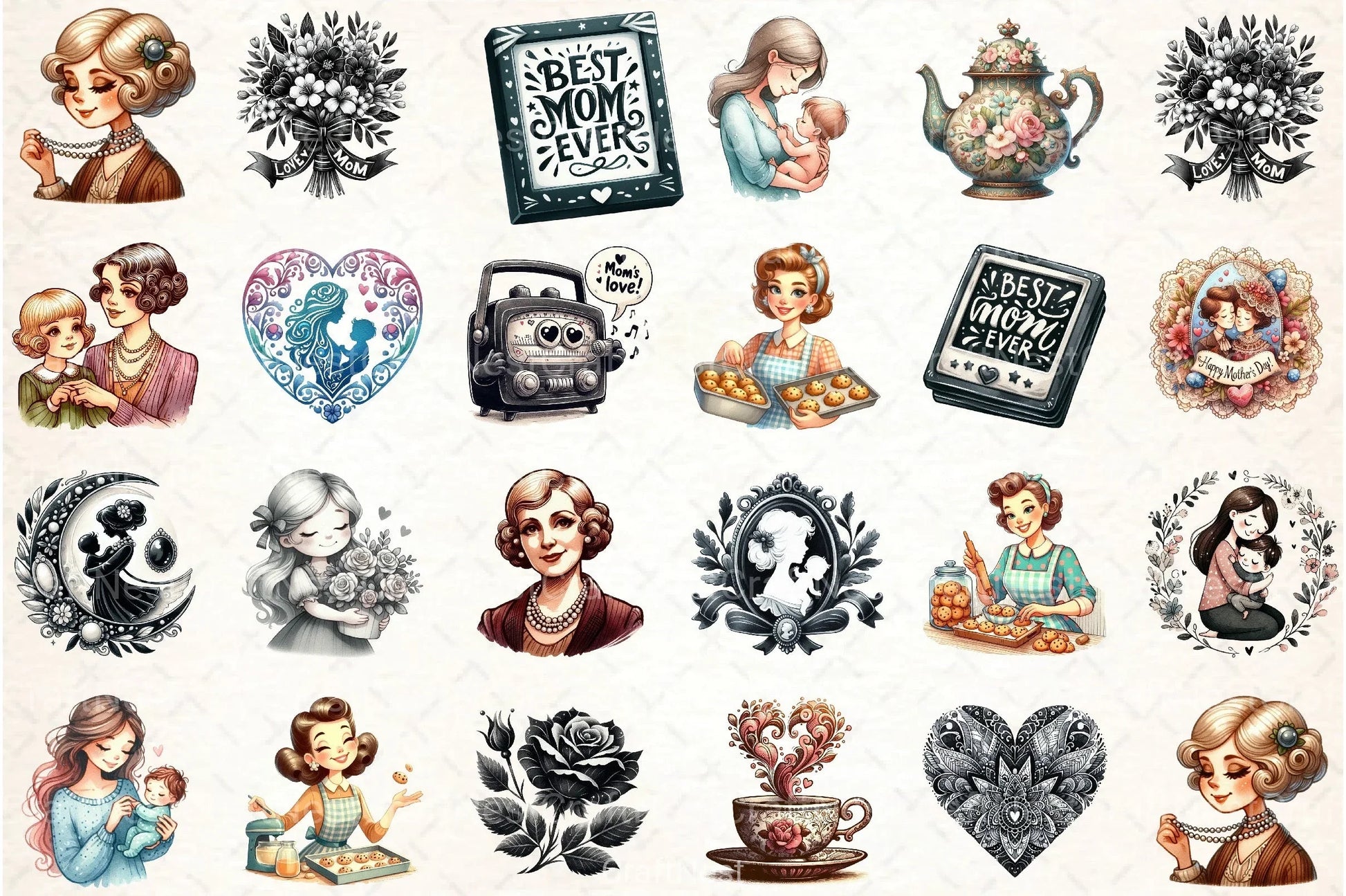 Black and White Mother's Day Clipart Bundle - CraftNest - Digital Crafting and Art