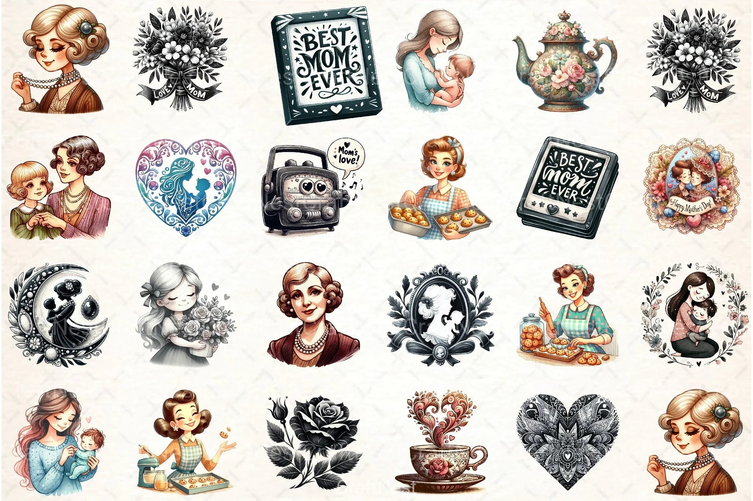 Black and White Mother's Day Clipart Bundle - CraftNest - Digital Crafting and Art