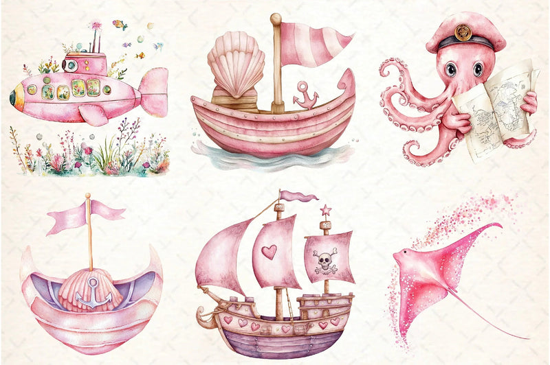 Pink Sea Adventure Clipart Bundle - CraftNest - Digital Crafting and Art