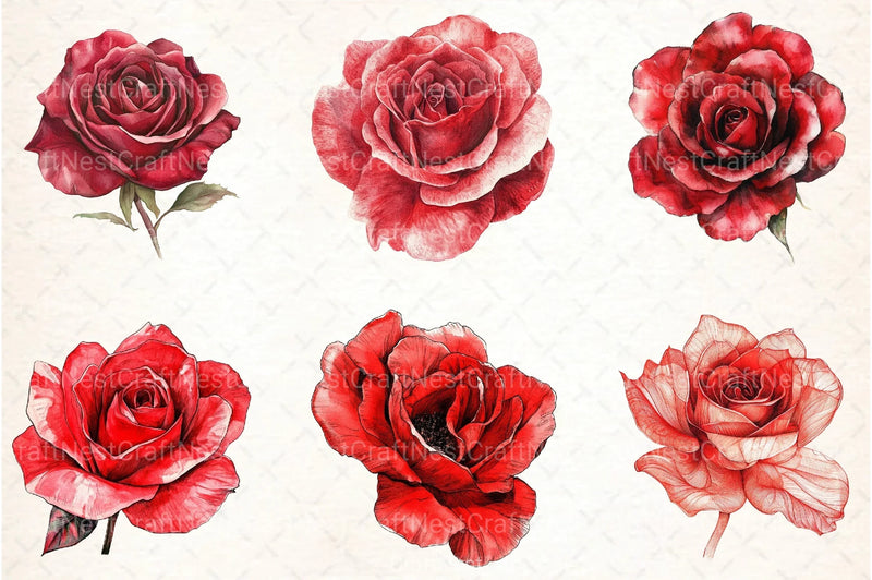 Red Lithograph Roses Clipart Bundle - CraftNest - Digital Crafting and Art
