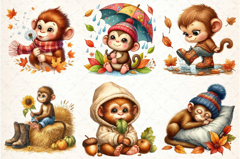 Cute Autumn Monkey Clipart Bundle - CraftNest - Digital Crafting and Art