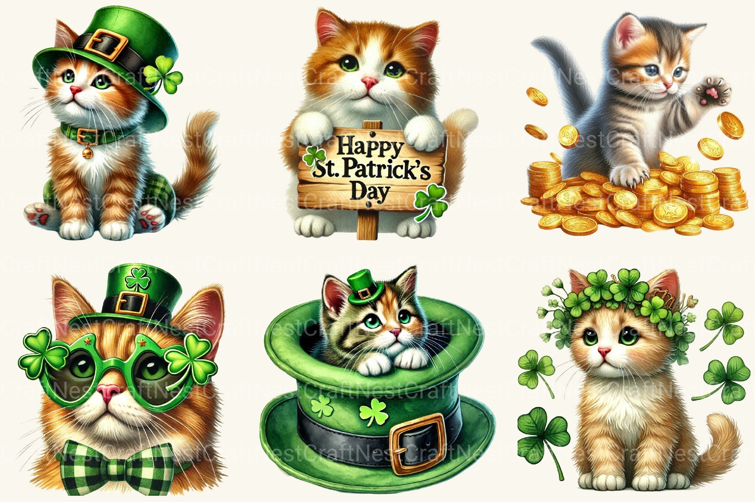 St Patrick's Cats Clipart Bundle