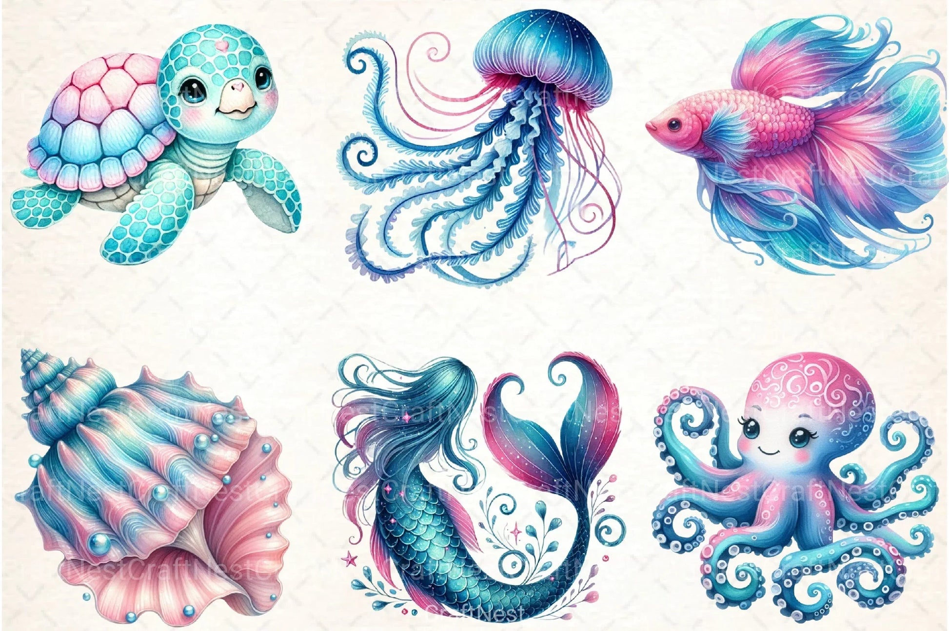 Blue & Pink Sea Life Clipart Bundle - CraftNest - Digital Crafting and Art