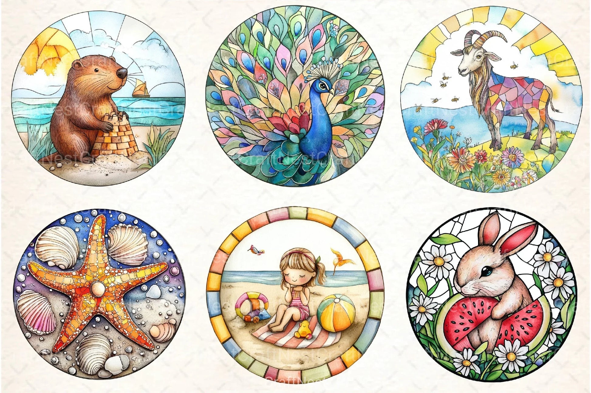 Round Stained Glass Summer Animals Clipart Bundle - CraftNest - Digital Crafting and Art