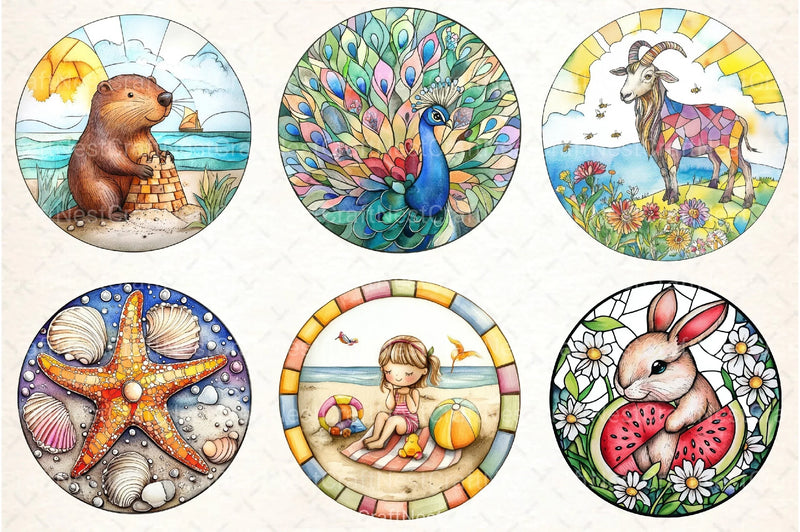 Round Stained Glass Summer Animals Clipart Bundle - CraftNest - Digital Crafting and Art
