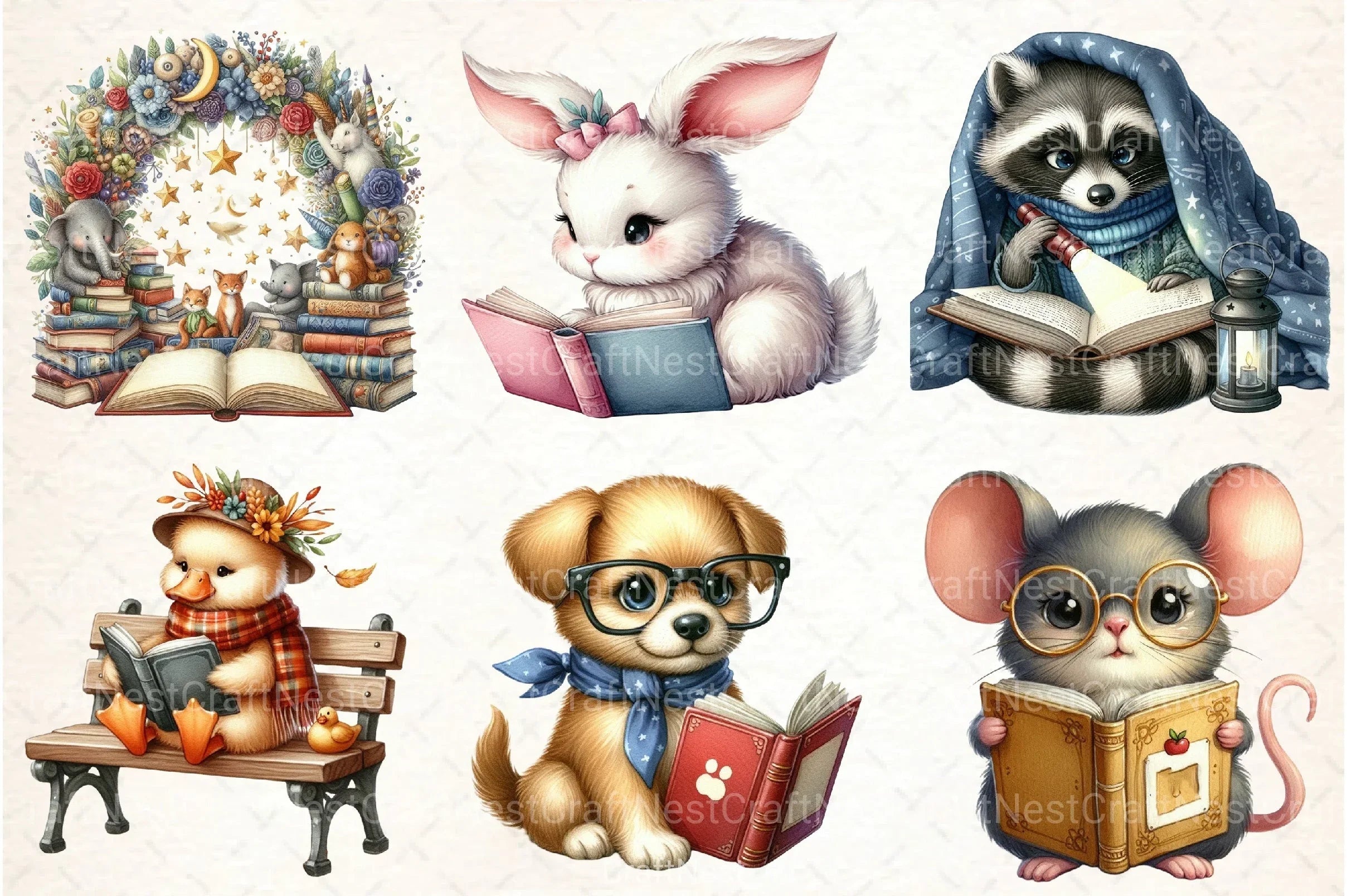 Animals Reading Books Clipart Bundle - CraftNest - Digital Crafting and Art