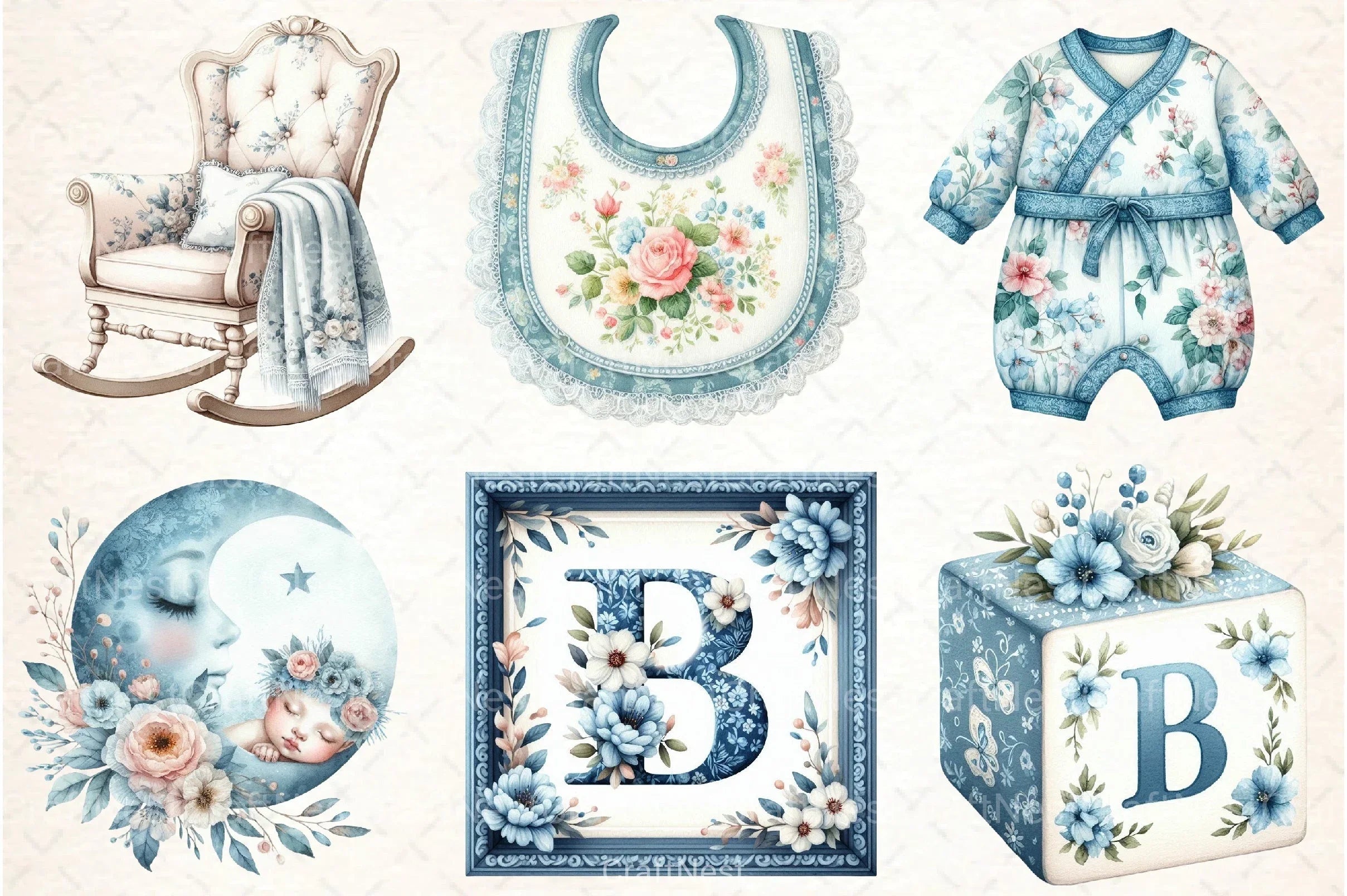Blue Toile Baby Clipart Bundle - CraftNest - Digital Crafting and Art