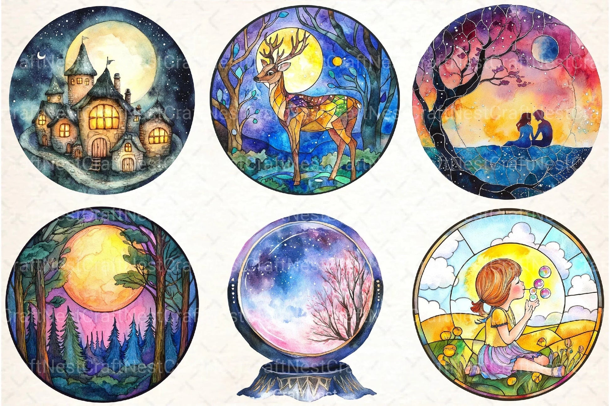 Round Moonlit Nights Stained Glass Clipart Bundle 4 - CraftNest - Digital Crafting and Art