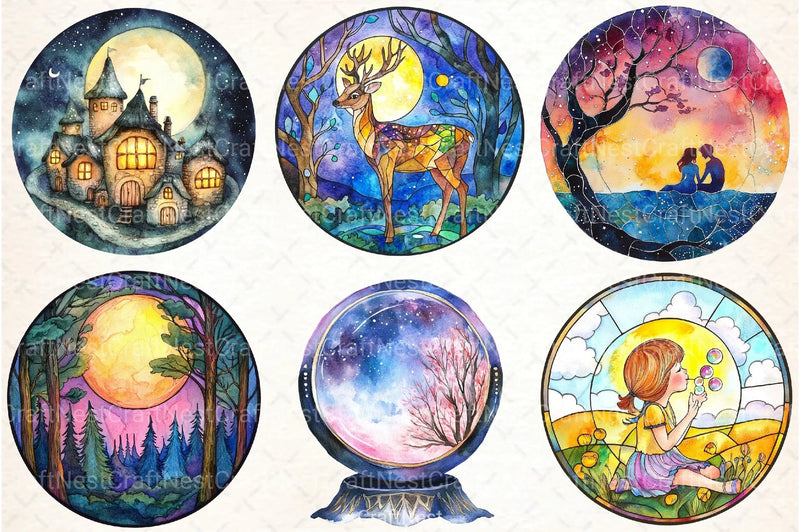 Round Moonlit Nights Stained Glass Clipart Bundle 4 - CraftNest - Digital Crafting and Art