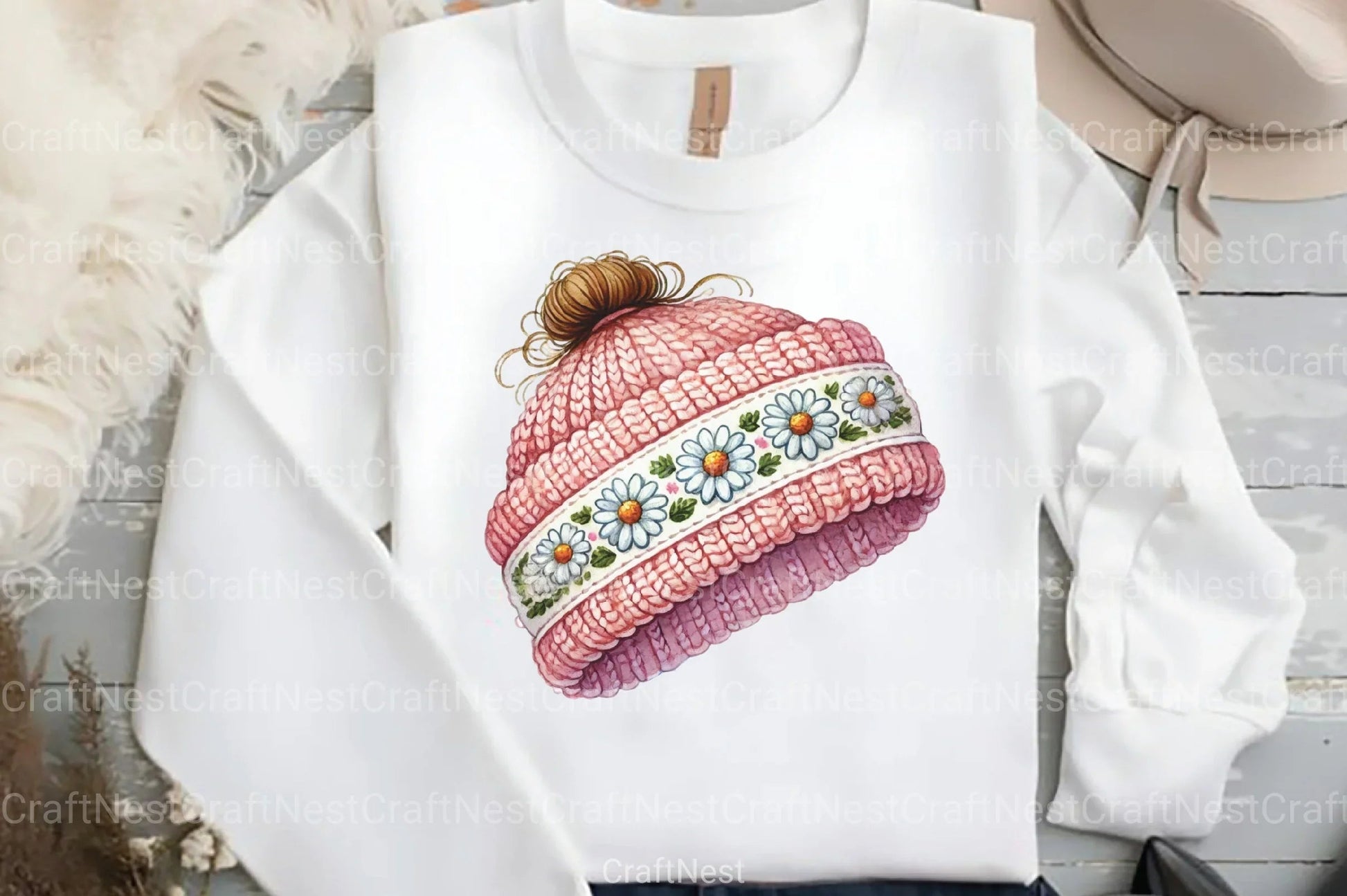 Pink Knitted Hat with Daisies Clipart Bundle - CraftNest - Digital Crafting and Art