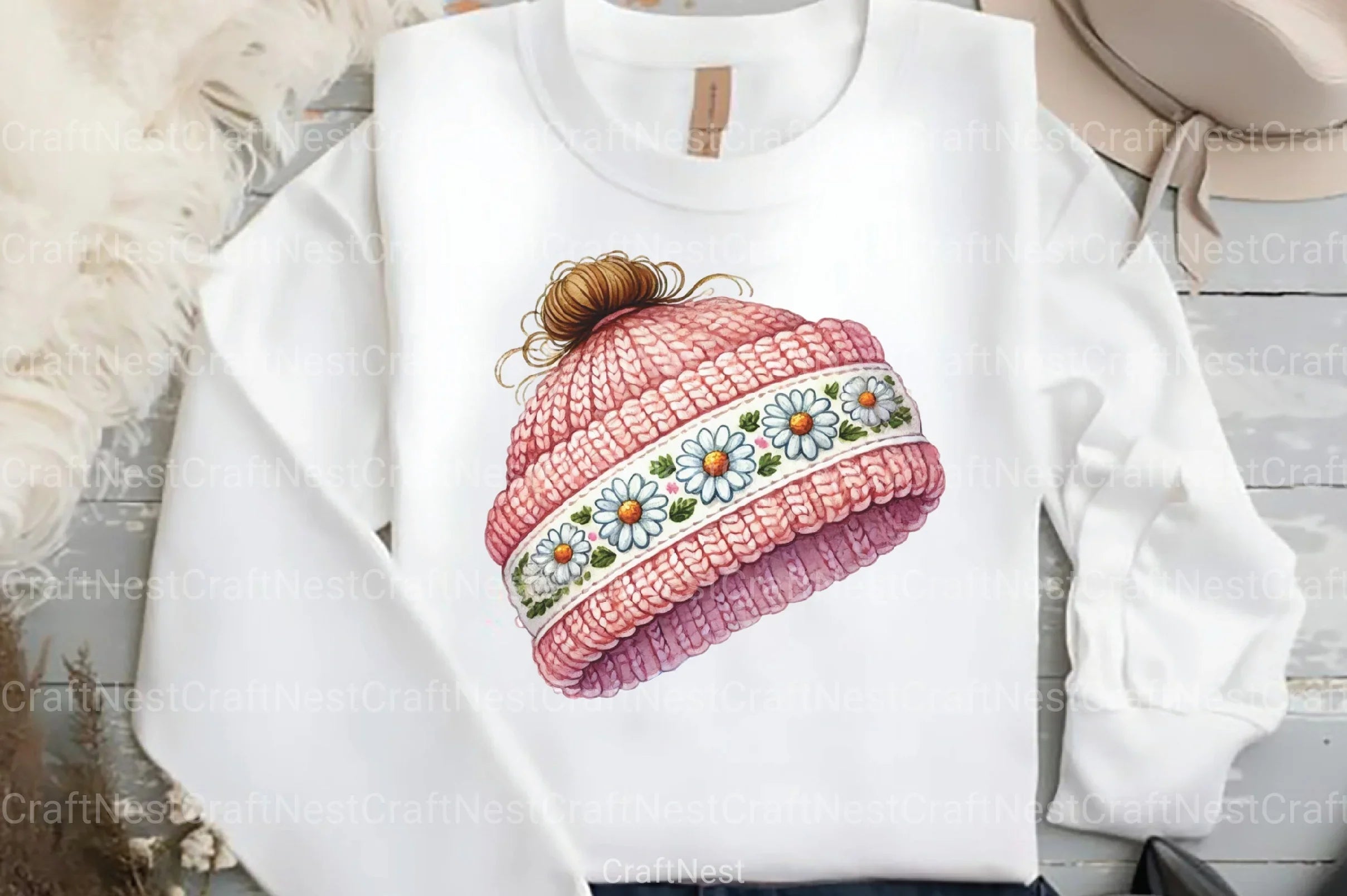 Pink Knitted Hat with Daisies Clipart Bundle - CraftNest - Digital Crafting and Art