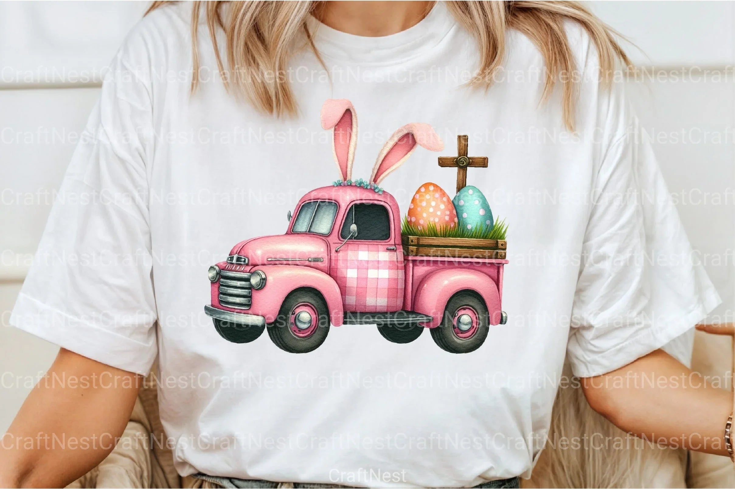 Pink Checkered Truck with Bunny Ears Clipart Bundle 1 - CraftNest - Digital Crafting and Art