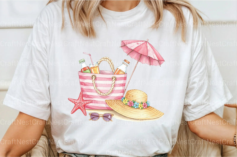 Pink Striped Beach Bag with Drinks Clipart Bundle - CraftNest - Digital Crafting and Art