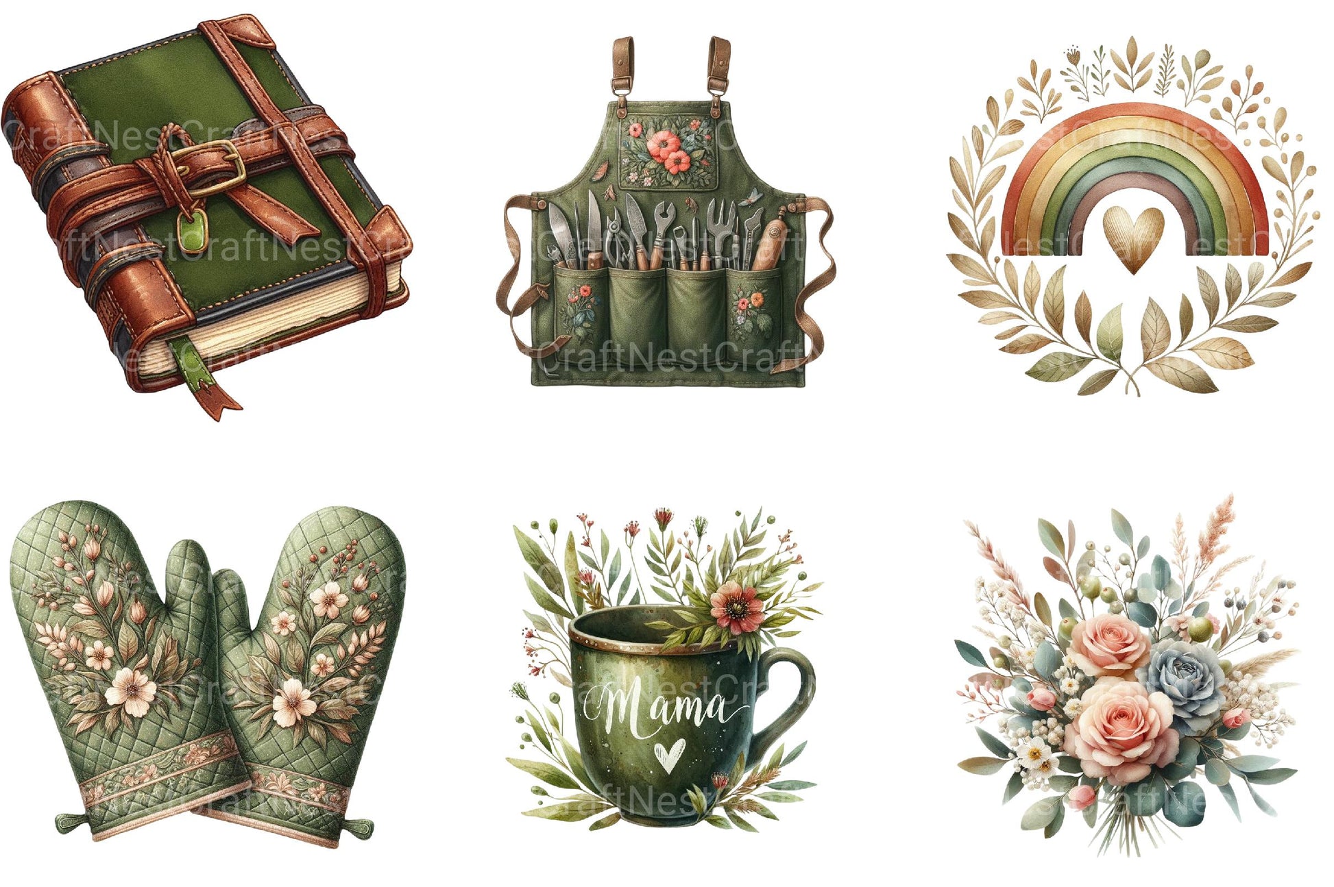 Boho Olive Green Mother’s Day Clipart - CraftNest - Digital Crafting and Art