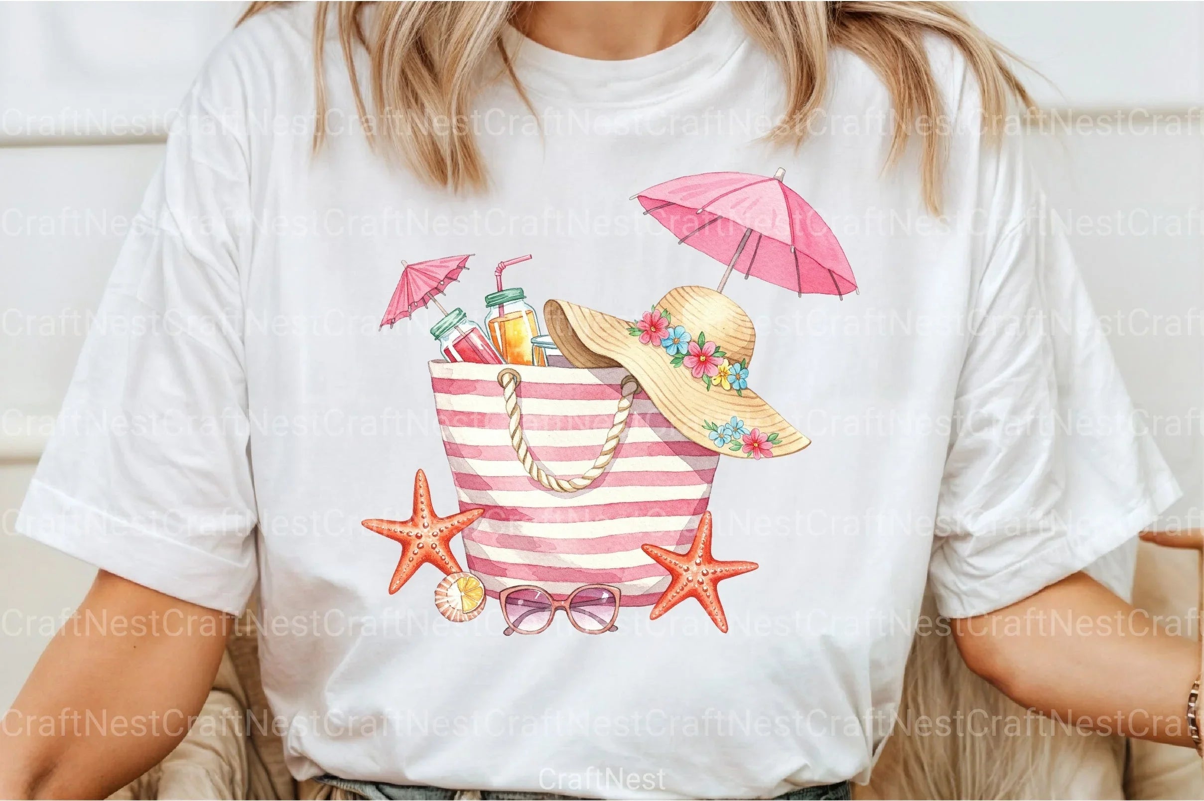 Pink Striped Beach Bag with Drinks Clipart Bundle 2 - CraftNest - Digital Crafting and Art