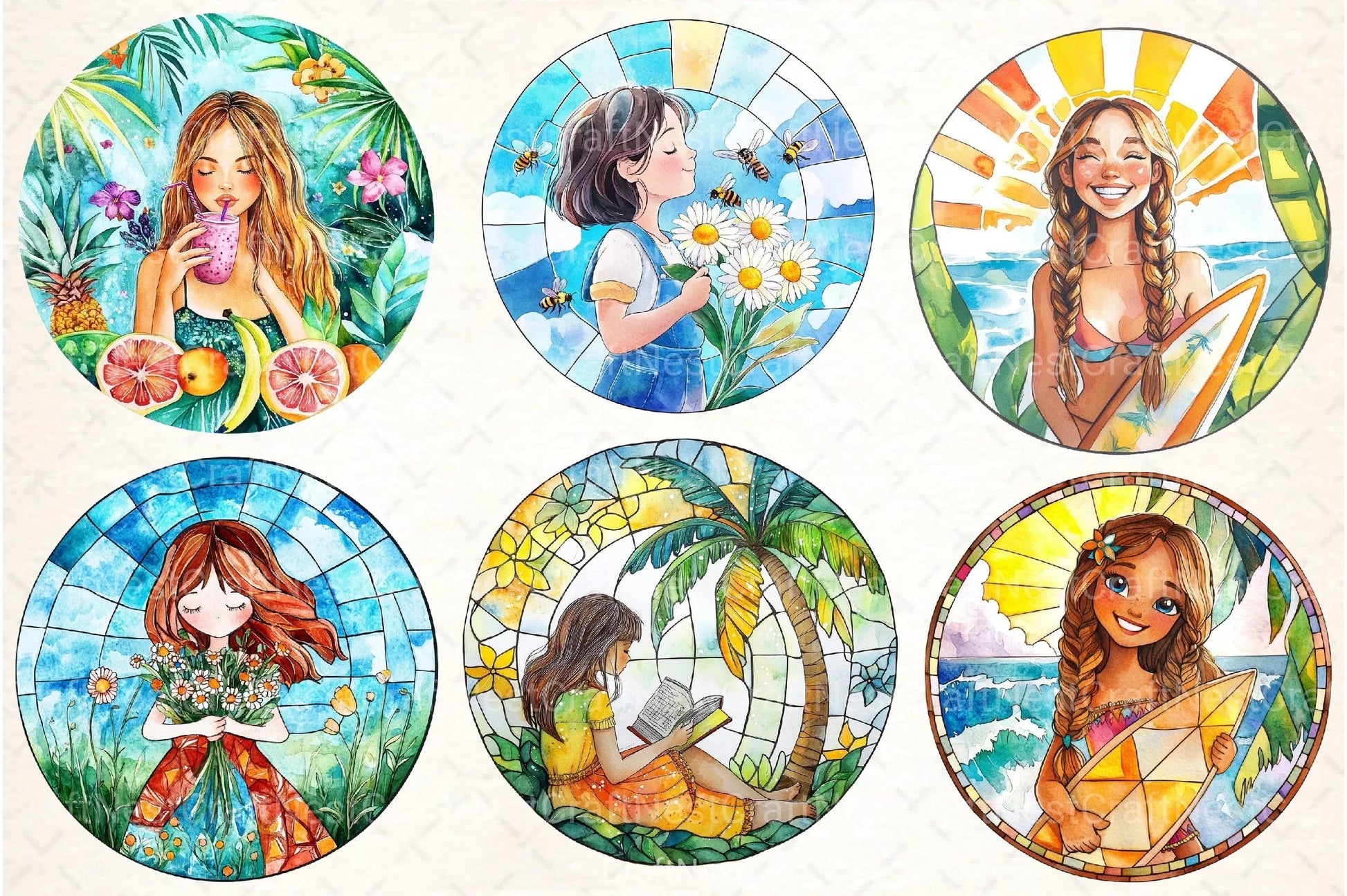Stained Glass Summer Girls Clipart Bundle - CraftNest - Digital Crafting and Art