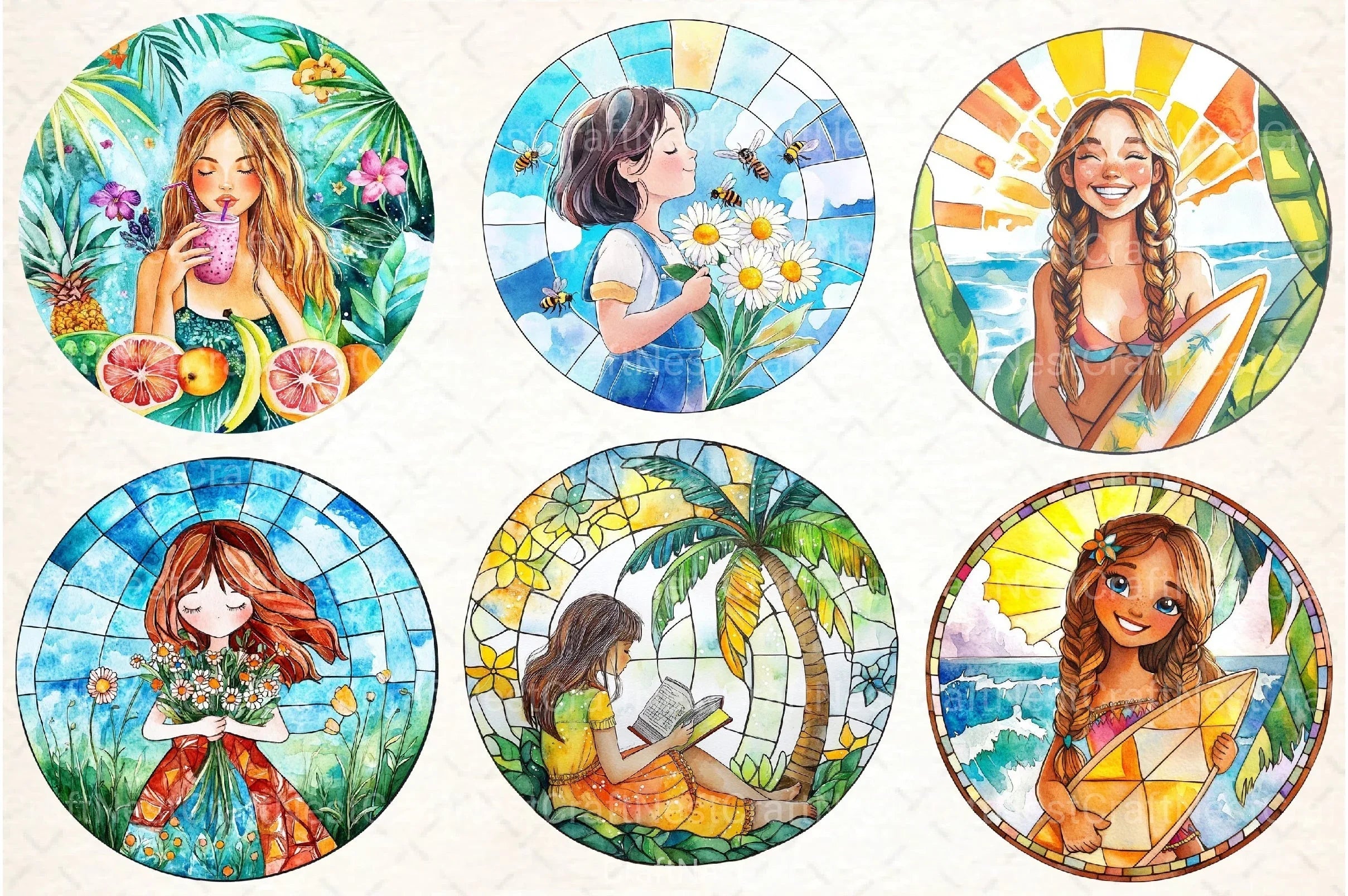 Stained Glass Summer Girls Clipart Bundle - CraftNest - Digital Crafting and Art