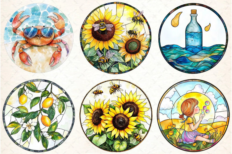 Round Stained Glass Summer Design Clipart Bundle - CraftNest - Digital Crafting and Art