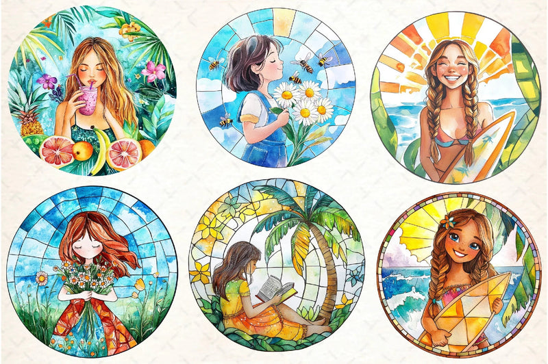 Stained Glass Summer Girls Clipart Bundle - CraftNest - Digital Crafting and Art