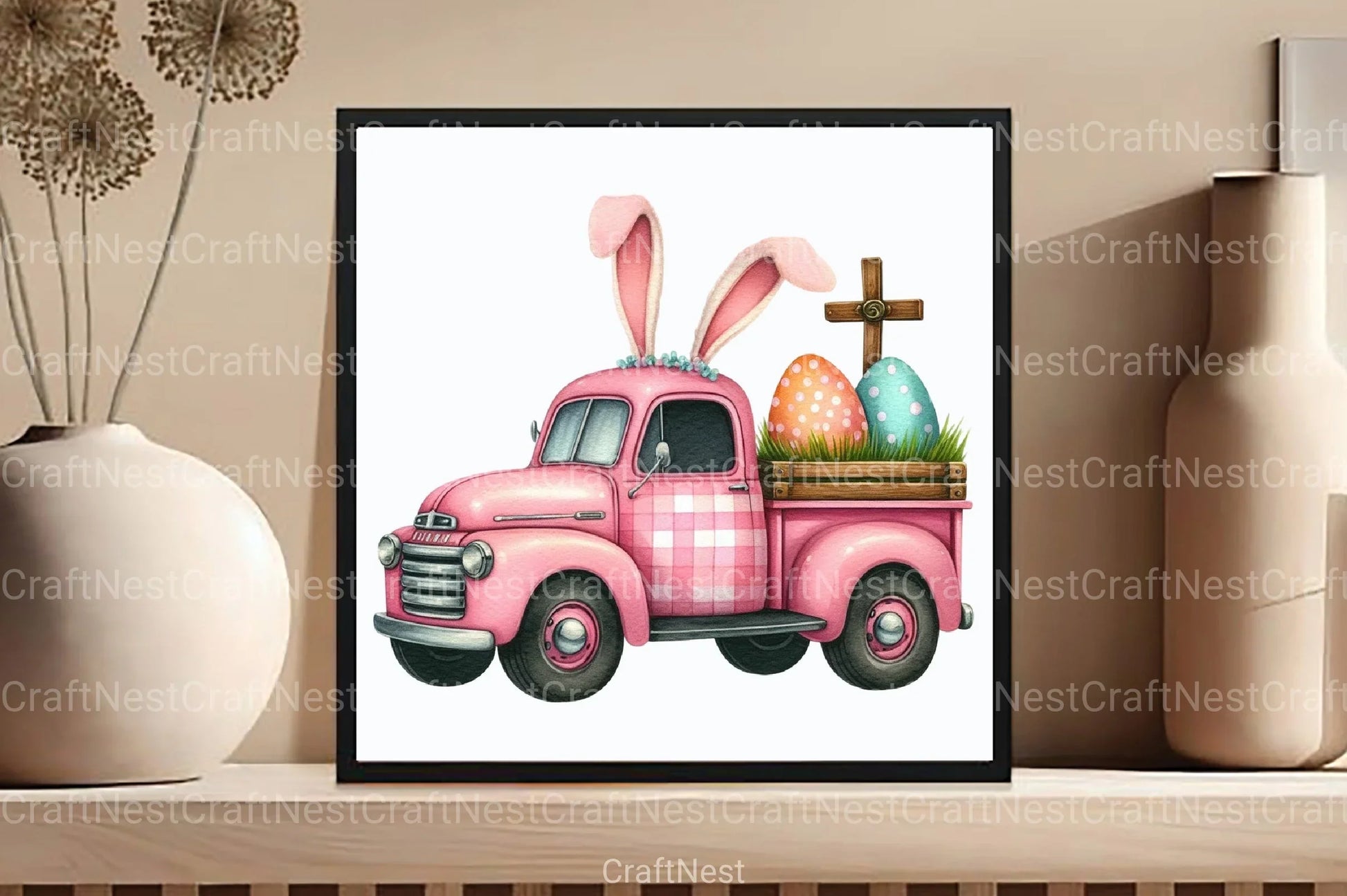Pink Checkered Truck with Bunny Ears Clipart Bundle 1 - CraftNest - Digital Crafting and Art