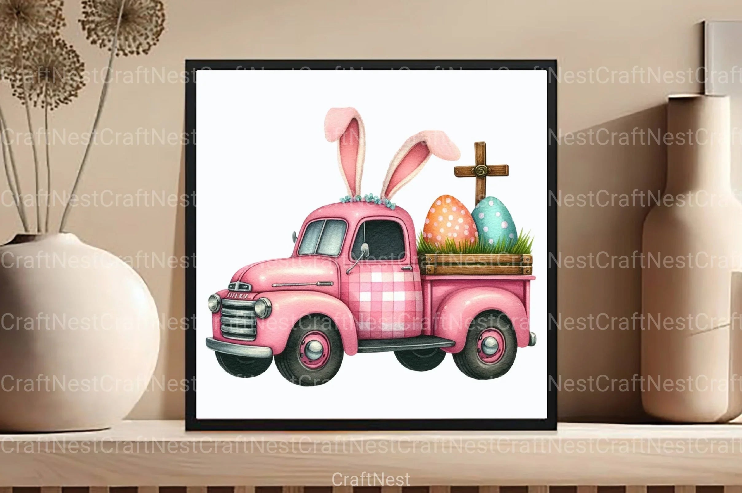 Pink Checkered Truck with Bunny Ears Clipart Bundle 1 - CraftNest - Digital Crafting and Art