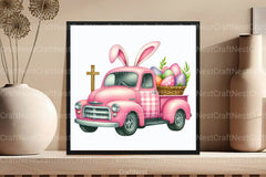 Pink Checkered Truck with Bunny Ears Clipart Bundle 4 - CraftNest - Digital Crafting and Art