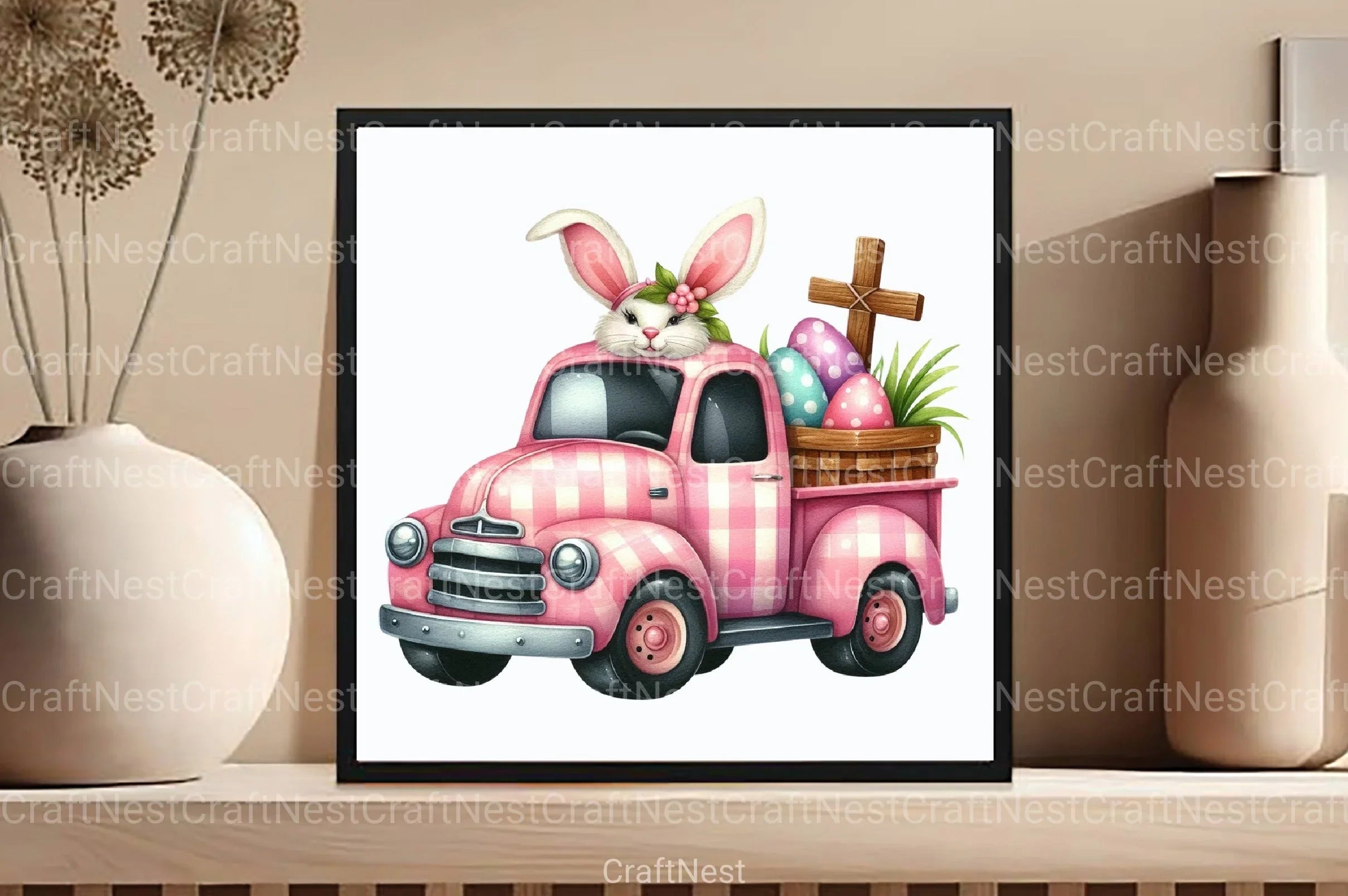 Pink Checkered Truck with Bunny Ears Clipart Bundle 2 - CraftNest - Digital Crafting and Art
