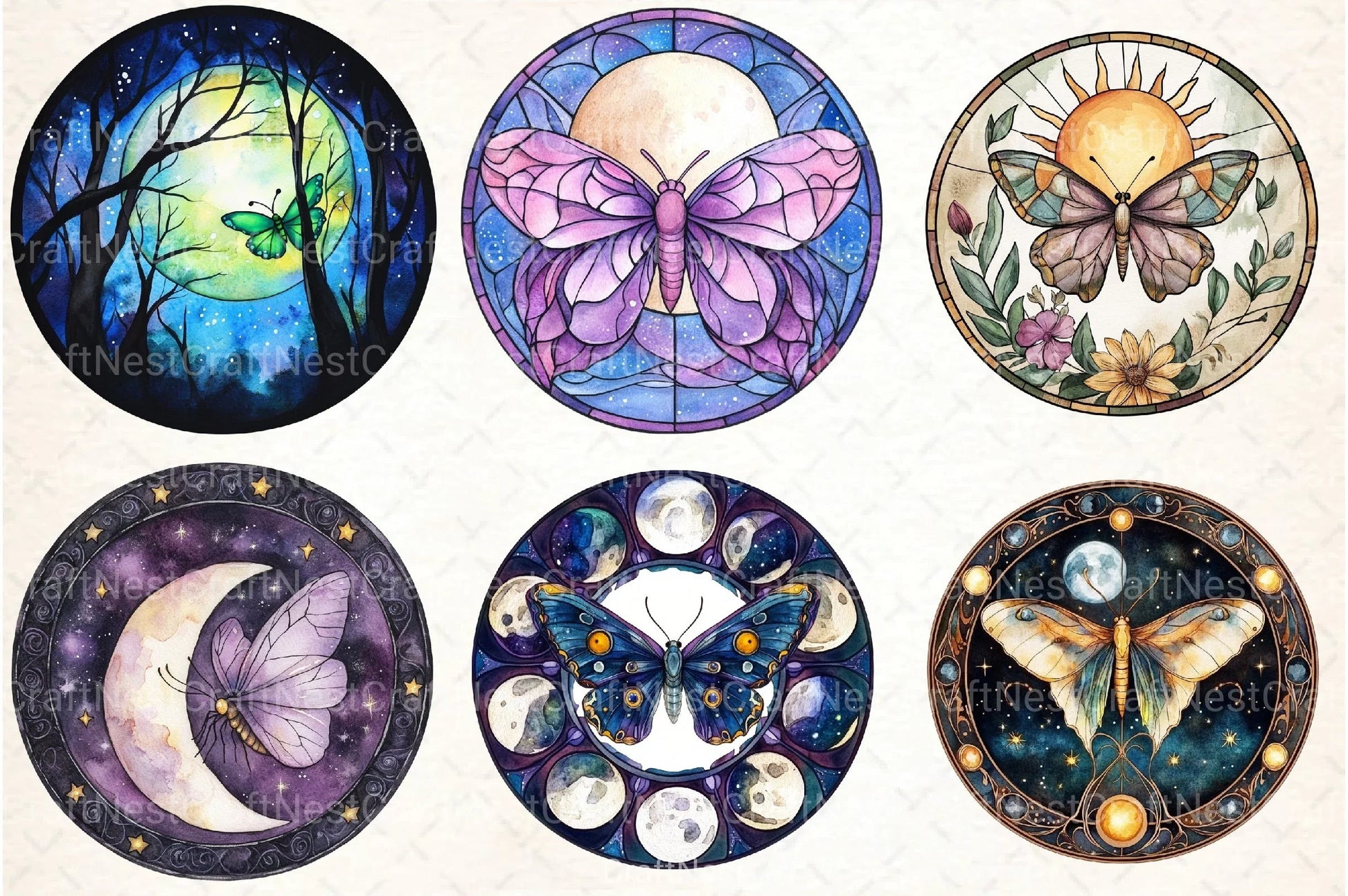 Lunar Moth & Moon Stained Glass Clipart Bundle - CraftNest - Digital Crafting and Art