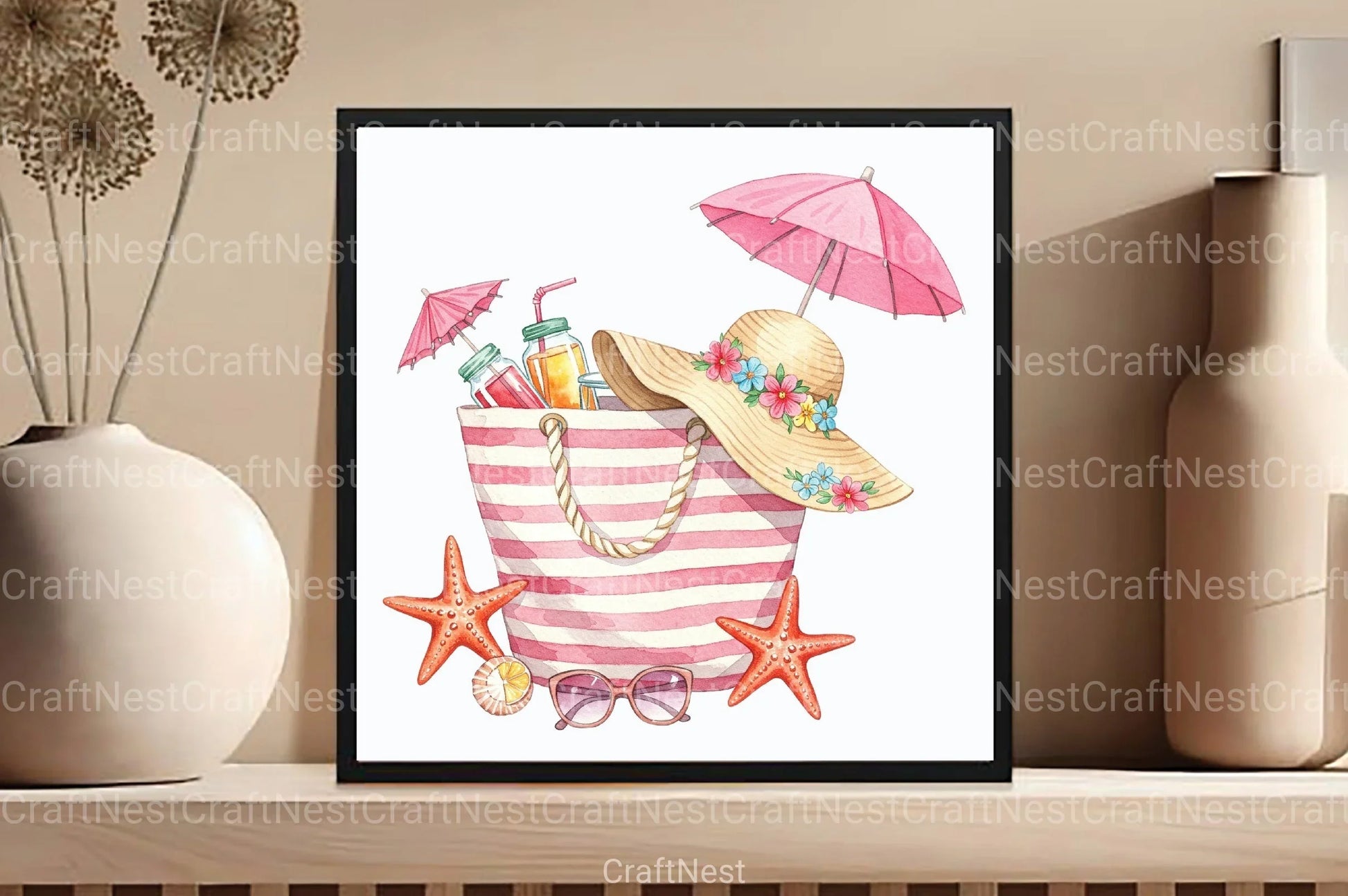 Pink Striped Beach Bag with Drinks Clipart Bundle 2 - CraftNest - Digital Crafting and Art