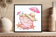 Pink Striped Beach Bag with Drinks Clipart Bundle 2 - CraftNest - Digital Crafting and Art
