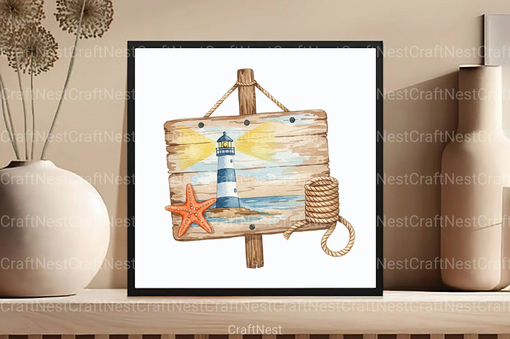 Lighthouse & Starfish Clipart Bundle - Wooden Sign Design - CraftNest - Digital Crafting and Art