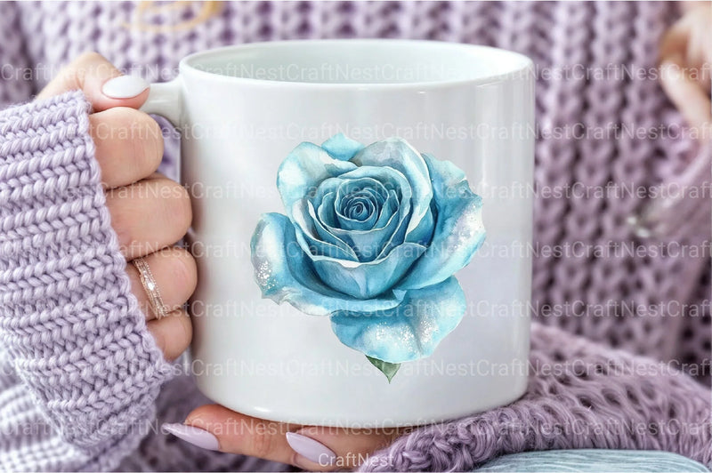 Baby Blue & Silver Glam Roses Clipart Bundle - CraftNest - Digital Crafting and Art