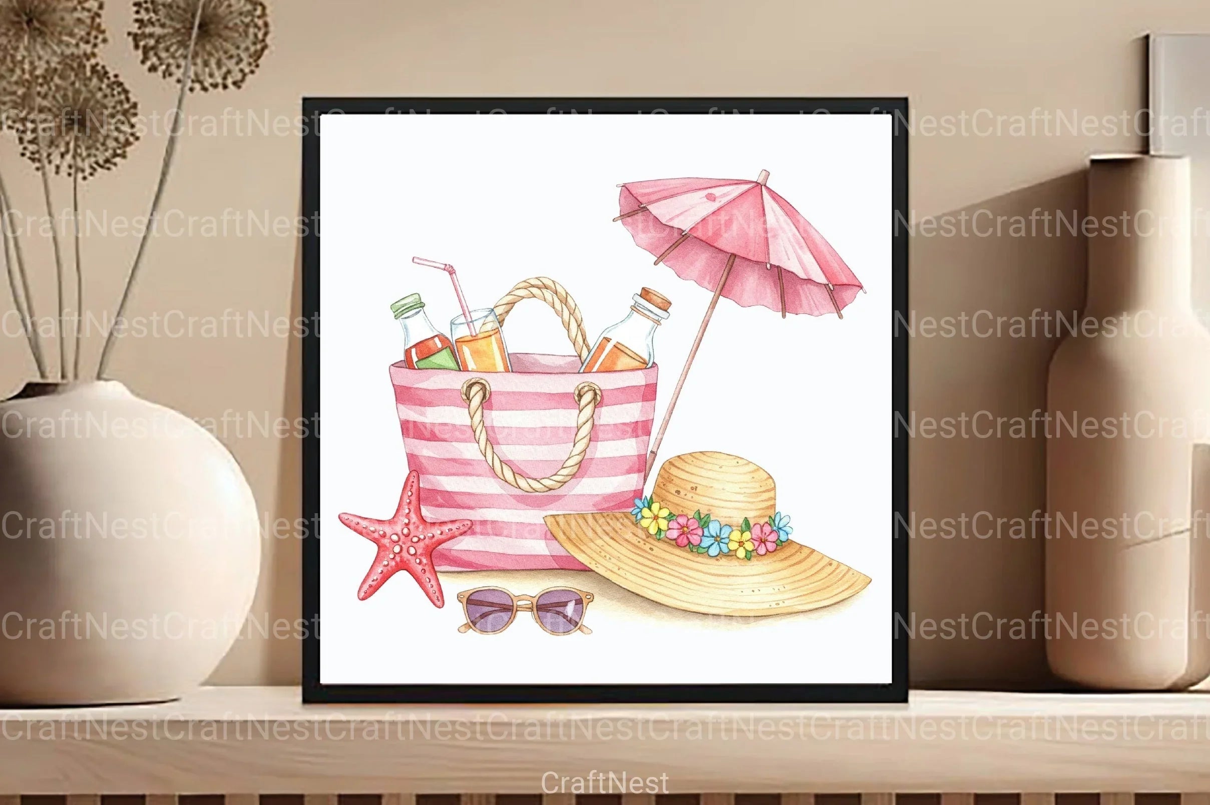 Pink Striped Beach Bag with Drinks Clipart Bundle - CraftNest - Digital Crafting and Art