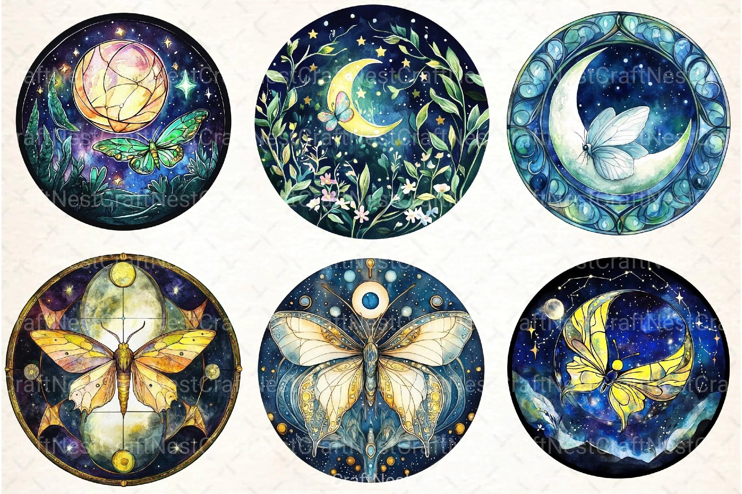 Lunar Moth & Moon Stained Glass Clipart Bundle - CraftNest - Digital Crafting and Art