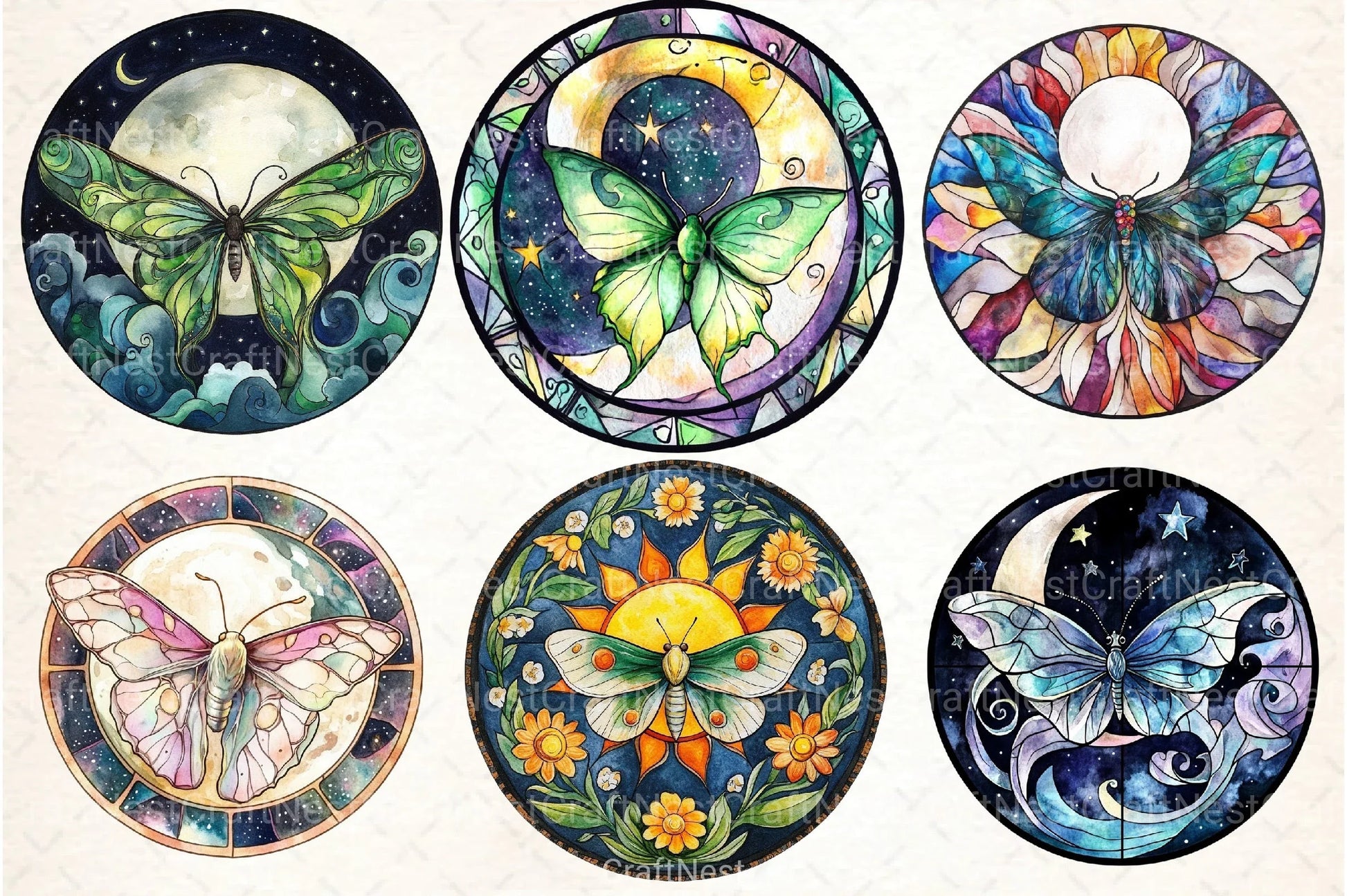 Lunar Moth & Moon Stained Glass Clipart Bundle - CraftNest - Digital Crafting and Art