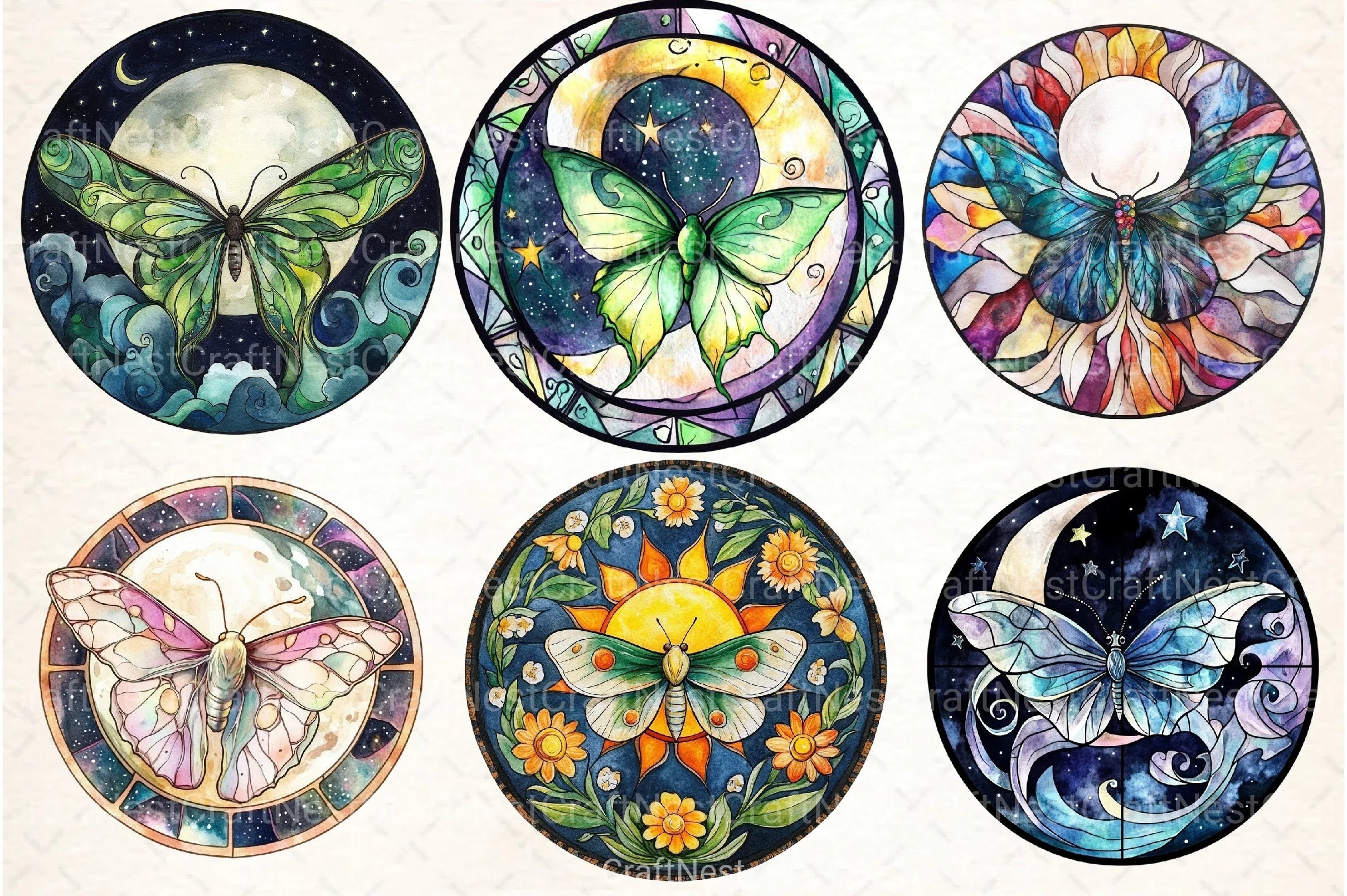Lunar Moth & Moon Stained Glass Clipart Bundle - CraftNest - Digital Crafting and Art
