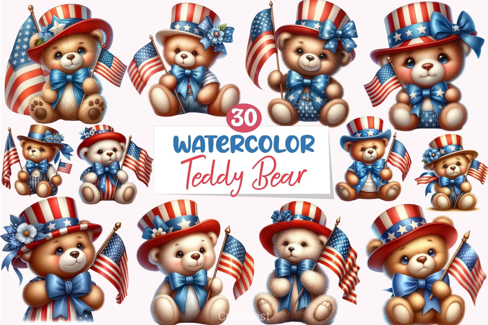 Patriotic 4th of July Teddy Bear Clipart Bundle - CraftNest - Digital Crafting and Art