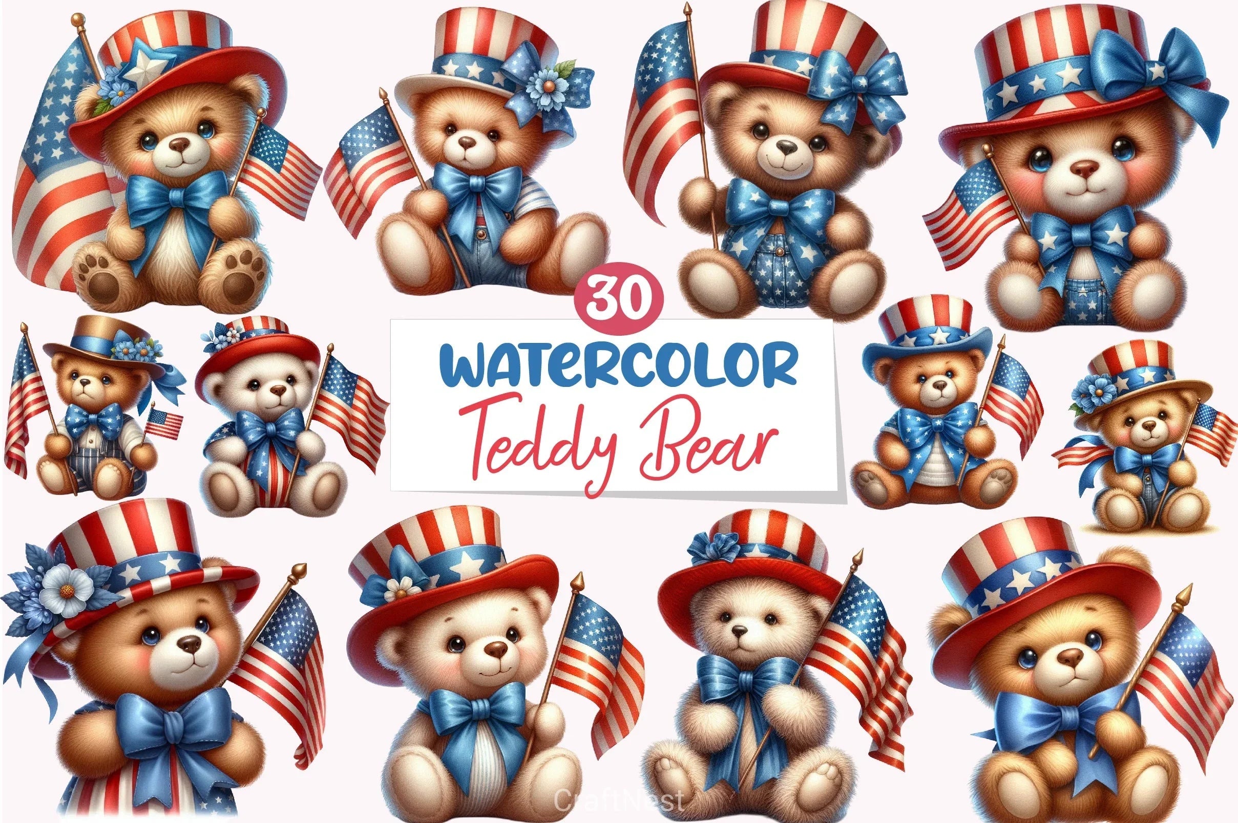 Patriotic 4th of July Teddy Bear Clipart Bundle - CraftNest - Digital Crafting and Art