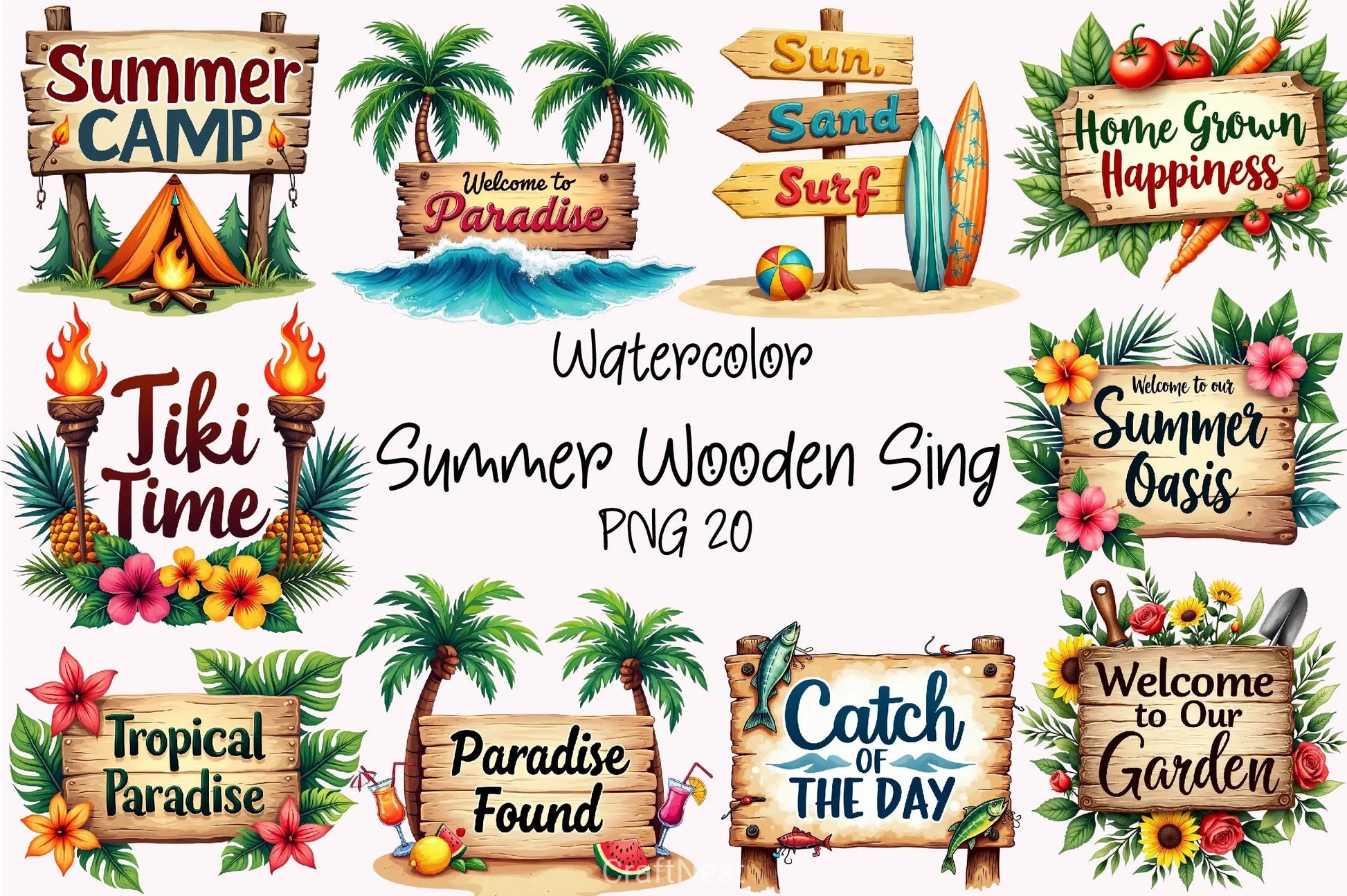 Summer Wooden Sing Clipart Bundle - CraftNest - Digital Crafting and Art