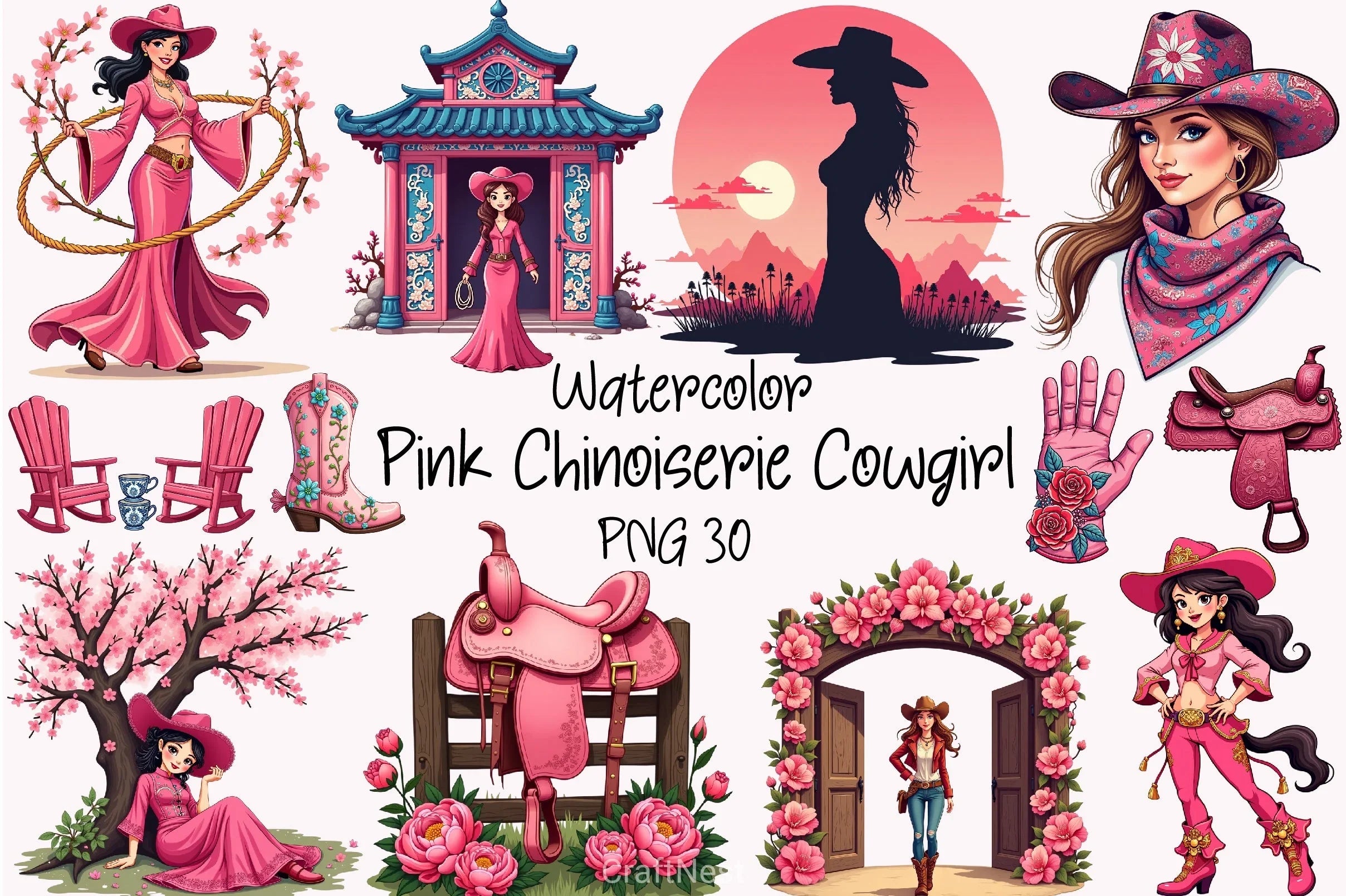 Pink Chinoiserie Cowgirl Clipart Bundle - CraftNest - Digital Crafting and Art