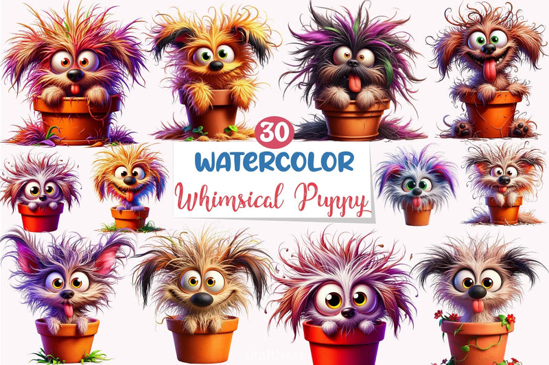 Whimsical Puppy in Flowerpot Clipart Bundle - CraftNest - Digital Crafting and Art
