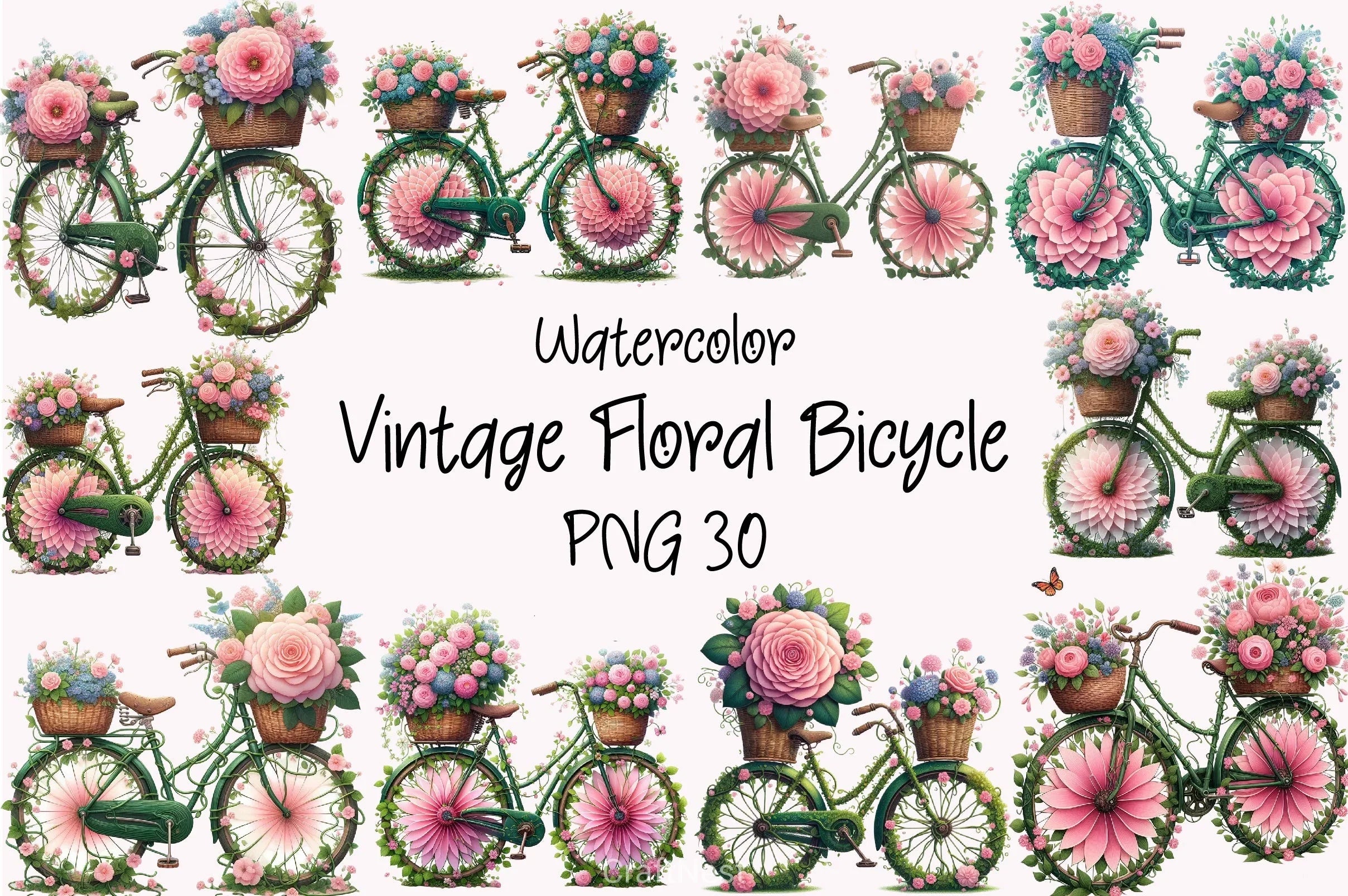 Floral Bicycle Vintage Clipart Bundle - CraftNest - Digital Crafting and Art
